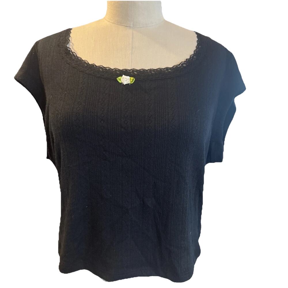 Wild Fable Women's Size XL Short Sleeve Lace Trim Round Neck T-Shirt Black NEW
